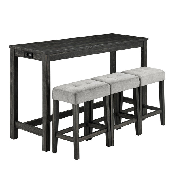 English Elm Bar Bar Table Set with Power Outlet and 4 Chairs, Industrial MDF Top, Solid Wood Seats, Durable Design Black+ Gray W487P339351
