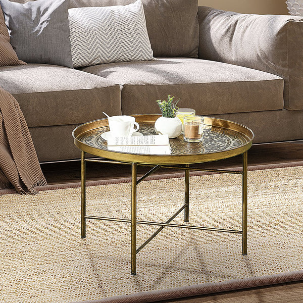 English Elm HOMCOM Vintage 24" Round Coffee Table with Hammered Floral Tray Top, Gold Metal Frame, Stable Chic W2225P200420