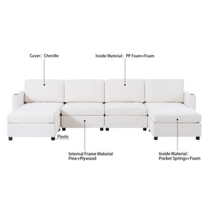 English Elm Modern Large Sectional Sofa U-Shaped 123" Modular Sofa Bed with Ottoman Storage, Plush Chenille Comfort Antique White W680S00010