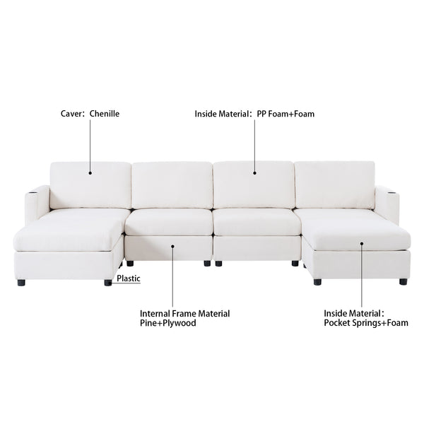 English Elm Modern Large Sectional Sofa U-Shaped 123" Modular Sofa Bed with Ottoman Storage, Plush Chenille Comfort Antique White W680S00010