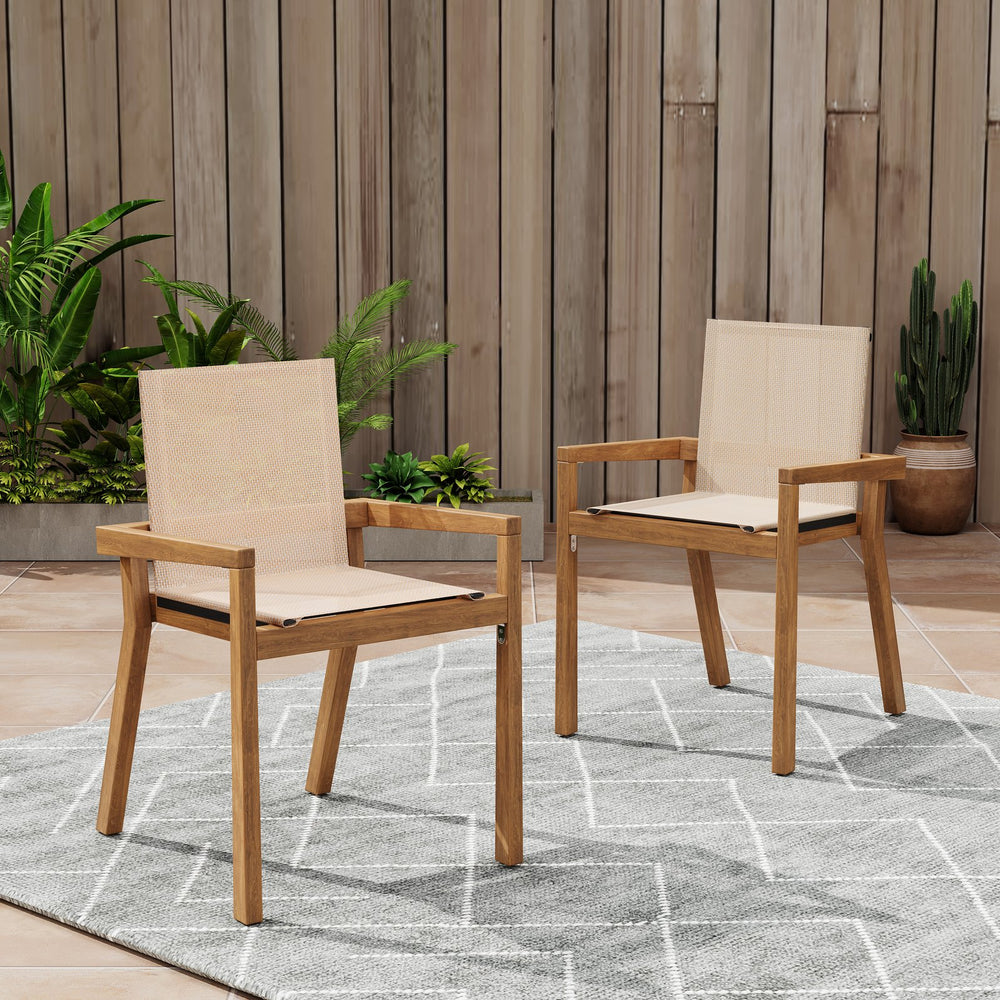 English Elm Christopher Knight Home® - BELFAST Teak Frame Outdoor Dining Chairs Set of 2 — Beige Mesh Comfort, Durable Weather-Resistant Design N762P240699A