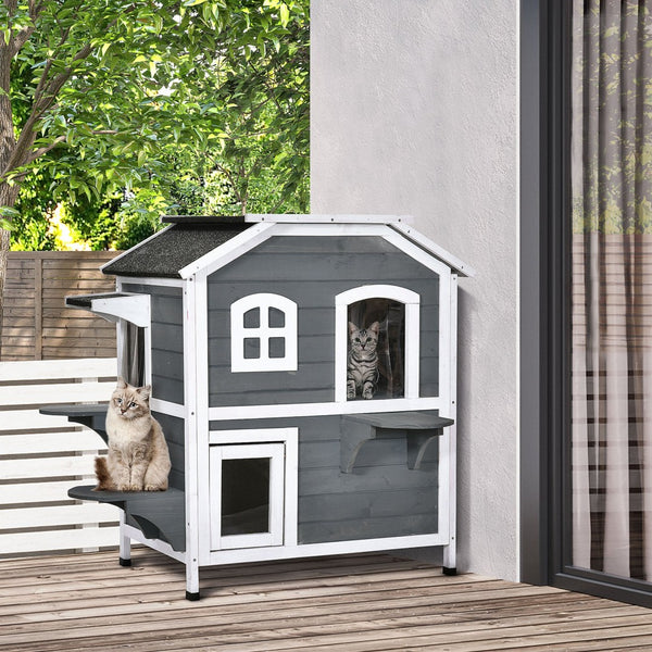 English Elm Pawhut 2-Story Weatherproof Cat House For Outdoor Felines With Escape Doors & Open Roof, Gray W2225P217566-GIGA