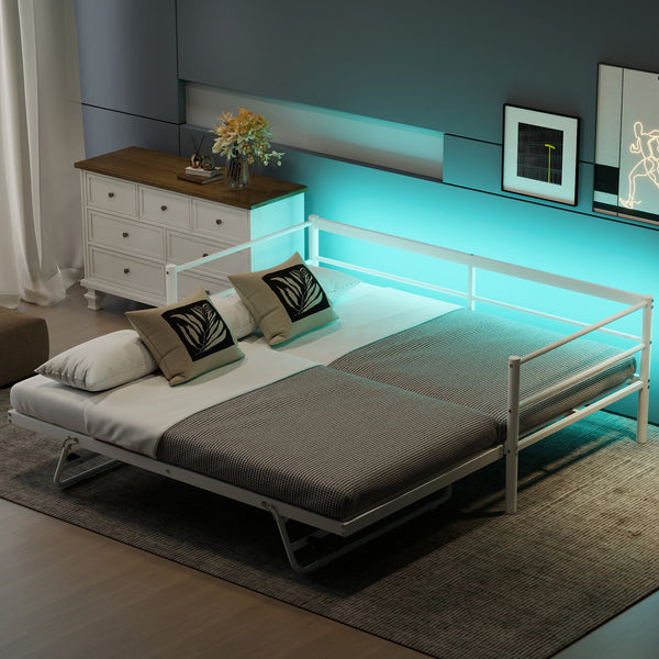 English Elm Twin Metal Daybed with LED Lighting and Adjustable Pop-Up Trundle, Industrial Steel Frame, Heavy-Duty Support White N750P244915K