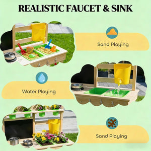 English Elm Wooden Fir Outdoor Play Kitchen for Kids with Dual Sinks Blackboard and 15 Accessories T3971P480683