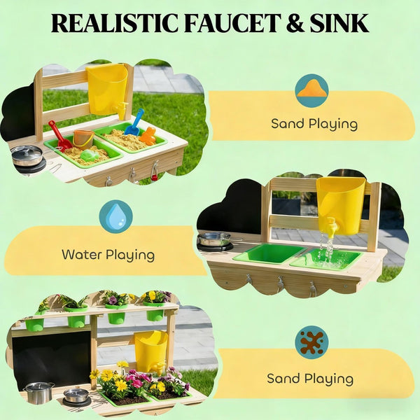 English Elm Wooden Fir Outdoor Play Kitchen for Kids with Dual Sinks Blackboard and 15 Accessories T3971P480683