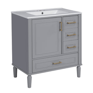 English Elm 30" Elegant Bathroom Vanity with Ceramic Sink, Soft-Close Door & 3 Drawers, Gold Handles, Durable Finish Gray N729P184479E