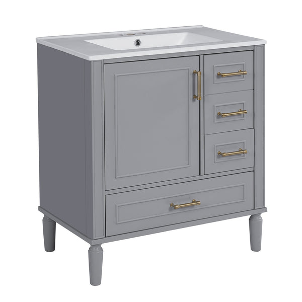 English Elm 30" Elegant Bathroom Vanity with Ceramic Sink, Soft-Close Door & 3 Drawers, Gold Handles, Durable Finish Gray N729P184479E