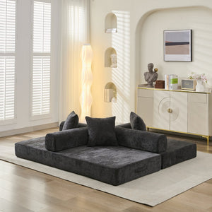 English Elm Comfy Chenille Folding Floor Sofa Bed with Armrest for Studio and Guest Rooms Black W1143P401144