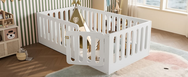 English Elm Twin Solid Pine Montessori Floor Bed with House Frame Door and Safety Fence Light White W5305P420632