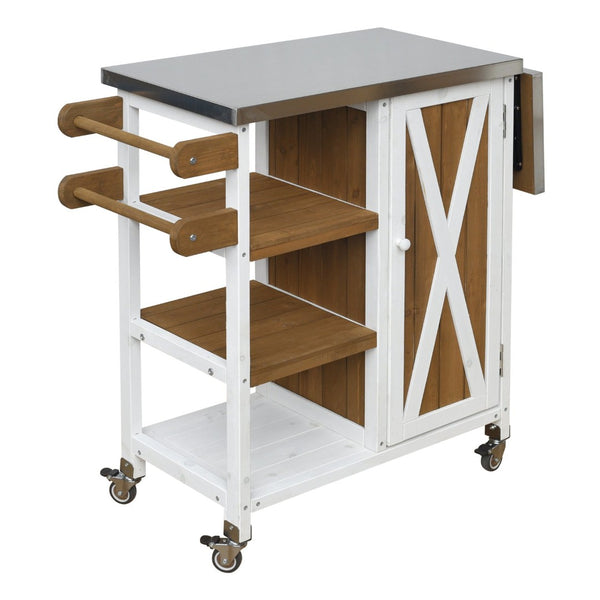 English Elm Foldable Outdoor Kitchen Cart with Stainless Worktop Fir Wood Frame and Lockable Wheels Brown+White N719P380281Z
