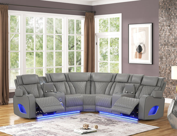 English Elm Fortuner Modern power recliner sectional with massage, Bluetooth speakers, LED lighting, USB charging, storage Gray B009S01797