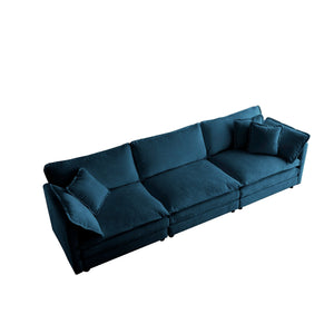 English Elm Mid-Century Solid Wood Frame Chenille Sofa 3-Seater with Plush Cushions and Versatile Sectional Options Blue W714S00315