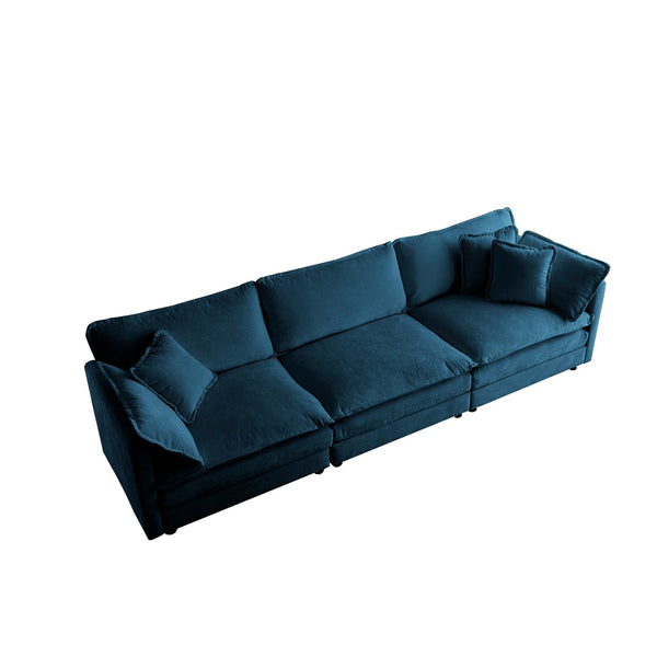 English Elm Mid-Century 3-Seater Sofa In Soft Blue Chenille With 5 Plush Pillows - Stylish Living Room Comfort W714S00600