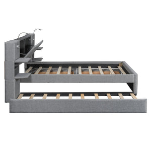 English Elm Queen Linen Upholstered Platform Bed with Storage Drawers, Trundle, Flip-Up Headboard & Lights Gray SF000187AAE