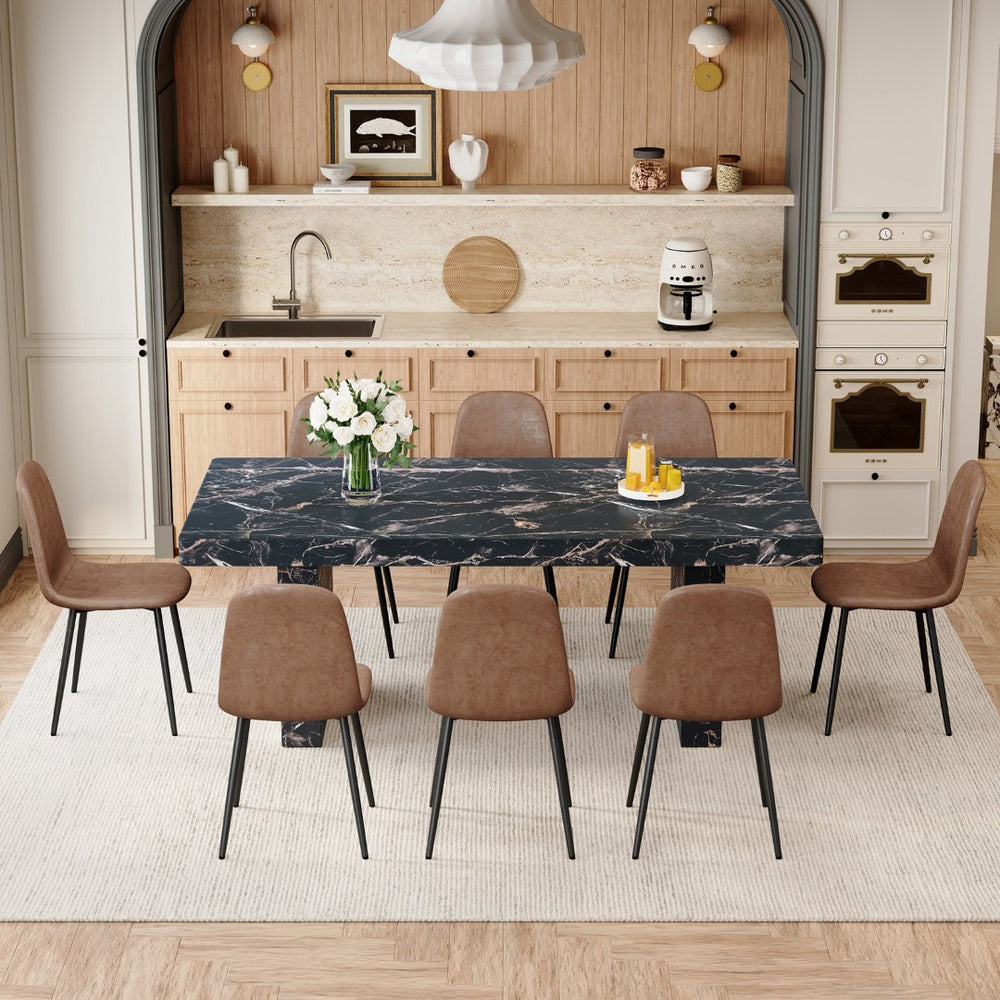 English Elm Table and Chair Set Seats Eight with Marble Pattern Mdf Top Brown Fabric Dining W1151S04098