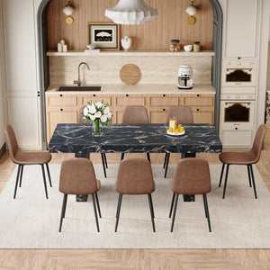 English Elm Table and Chair Set Seats Eight with Marble Pattern Mdf Top Brown Fabric Dining W1151S04098