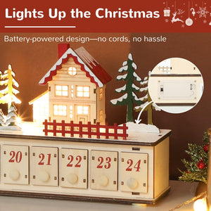 English Elm Christmas Village Advent Calendar 24 Drawer Wood Finish Led Mantel Holiday Display T3971P381404