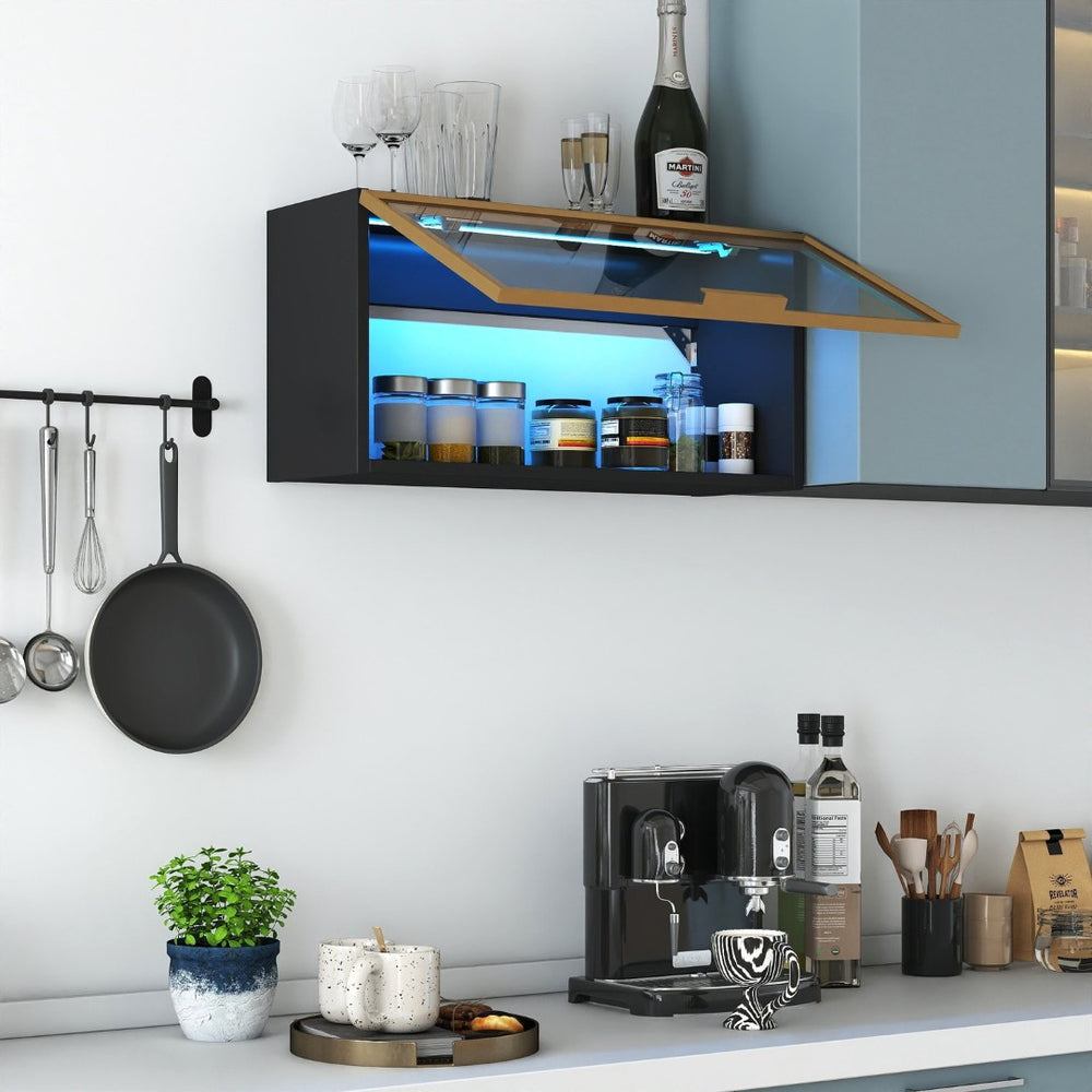 English Elm Large-capacity Wall Cabinet Matte Black Up-flip Door Spice Storage for Modern Kitchens W331P379953
