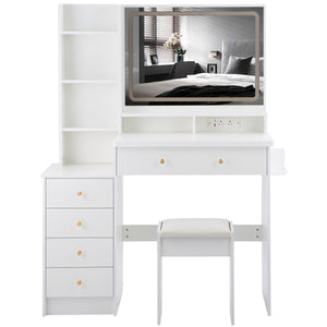 English Elm 41" Luxury Vanity Table Set With Stool, Integrated Power, Led Mirror & Hair Dryer Stand - Stylish Design W936P230832