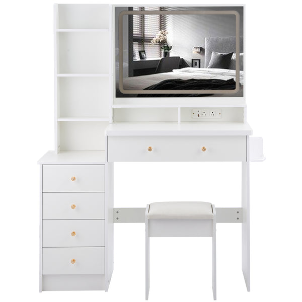 English Elm 41" Luxury Vanity Table Set With Stool, Integrated Power, Led Mirror & Hair Dryer Stand - Stylish Design W936P230832