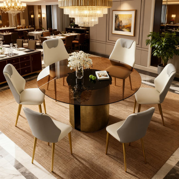 English Elm 59-Inch Modern Round Dining Table Set With 6 Chairs - Elegant Dark Brown Glass Top & Copper Legs W509S00147