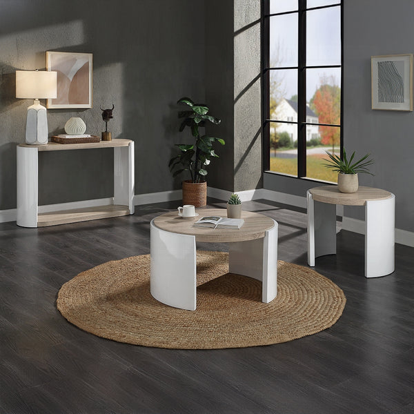 English Elm Oak High Gloss Sofa Table With Elegant Oval Design, Bottom Shelf, And Modern Two-Tone Finish B062P209138