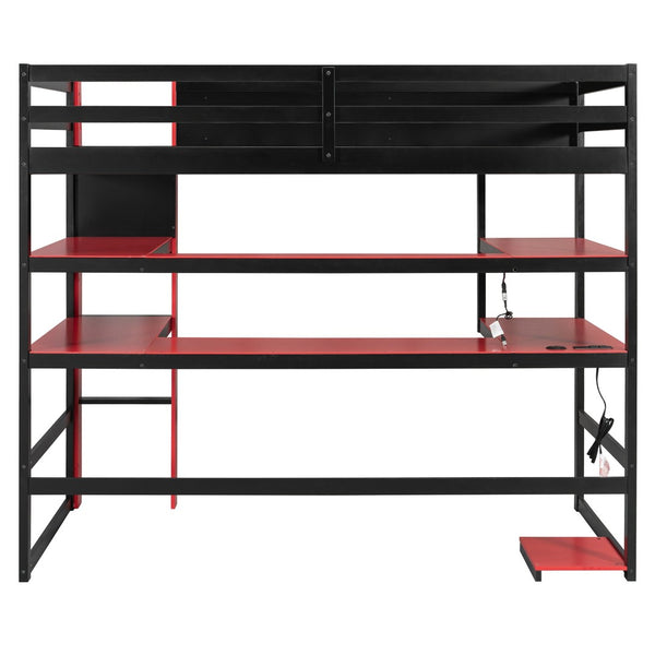 English Elm Twin Loft Bed with Rgb Lighting Usb Ports Wraparound Shelves and Gaming Desk Red LT000298AAJ