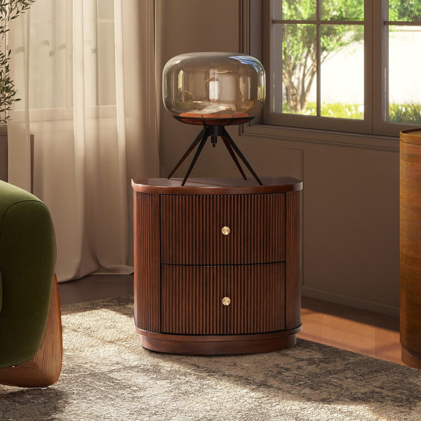 English Elm Jennifer Taylor Home - Valentine Half-Moon 24" 2-Drawer Side Table in Dark Walnut Beech Wood with Fluted Detail & Gold Pulls B2719P280173