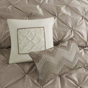 English Elm 7-piece Queen Tufted Pleated Comforter Set with Shams Bed Skirt Decorative Pillows Taupe B035P463172