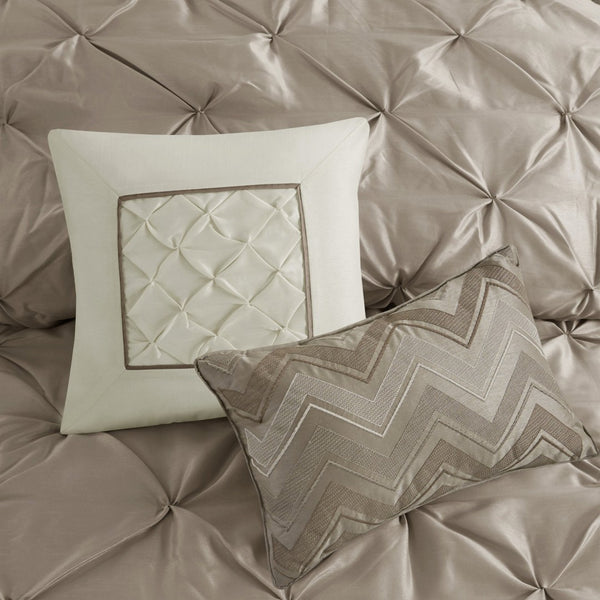English Elm 7-piece Queen Tufted Pleated Comforter Set with Shams Bed Skirt Decorative Pillows Taupe B035P463172