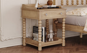 English Elm Retro Bedside Nightstand with Turned Rubberwood Legs Open Shelf and Drawer Storage Natural N733P206240M