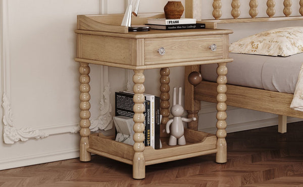 English Elm Retro Bedside Nightstand with Turned Rubberwood Legs Open Shelf and Drawer Storage Natural N733P206240M
