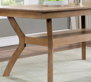 English Elm Modern Natural Tone Dining Table with Open Lower Shelf, 64"L x 38"W Sturdy Curved Legs & Warm Finish B2741P327421