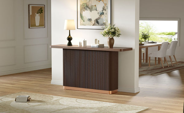 English Elm Console Table with Ash Veneer Top Fluted Pedestal Base and Metal Accents for Entryway N760P359389D