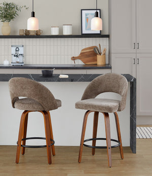 English Elm Fixed-height Walnut Wood Counter Stools with Fabric Seats Mid-century Modern Set of 2 B202S02152