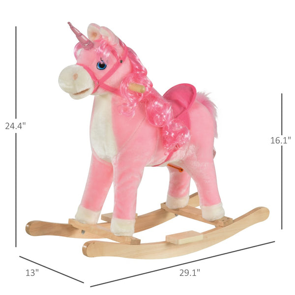 English Elm Qaba Plush Unicorn Rocking Horse with Solid Wood Base Wagging Tail and Fun Sounds W2225P229172