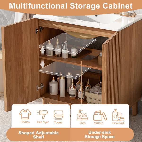 English Elm 29.9-inch Transitional Bathroom Vanity with Ceramic Sink Soft-close Doors Wood Legs N729P339777O