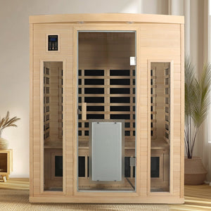 English Elm Low Emf Far Infrared Three Person Hemlock Sauna with Glass Door Heating Panels W632S00030