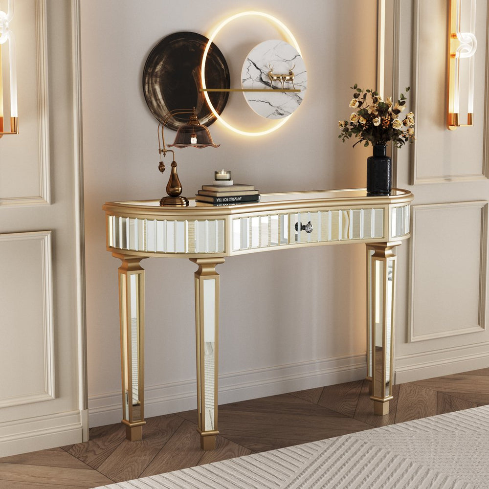 English Elm 47" Half-Moon Mirrored Console Table with Fluted Glass Panels, Crystal Knob Drawer, Chic Vanity Desk Golden,Silver W1445P322847