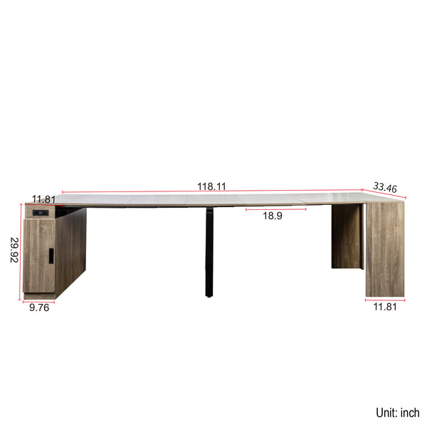 English Elm Modern Extendable Dining Table with Built-In Outlet, USB Ports & Storage, Space-Saving Console to 118" Brown W331S00192