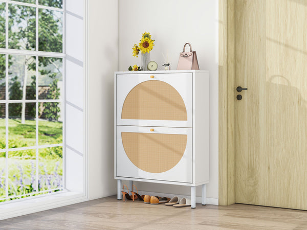 English Elm 2 Door Shoe Rack with Engineered Rattan, Metal Base & Anti-Slip Feet, Moisture-Proof, Slim 31.96"L W68850764