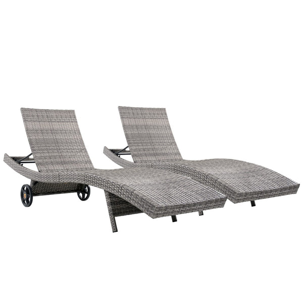 English Elm K&k Outdoor Wicker Reclining Chaise Set 2 Piece with Pull Out Tray Rolling Wheels Grey N707P395515E
