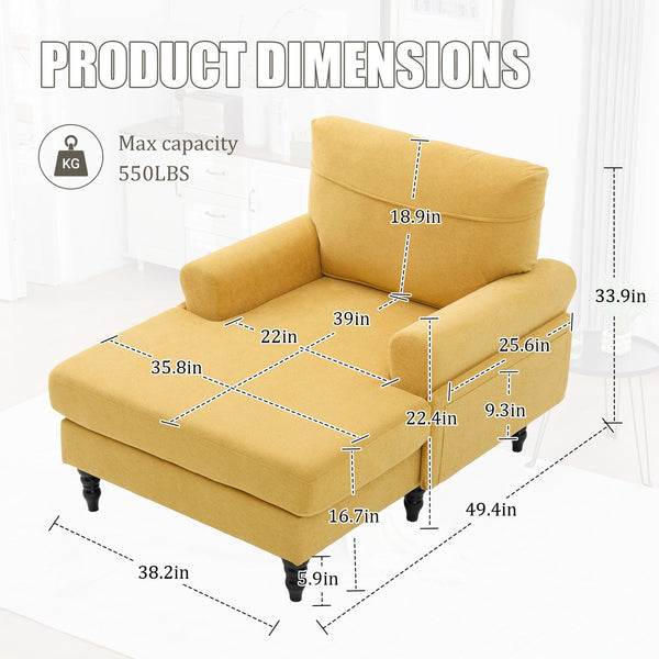 English Elm Modern Chenille Recliner Chaise Lounge Sofa Chair with High-Resilience Foam, Wide Seat, 550lb Capacity Mustard yellow W395P371336