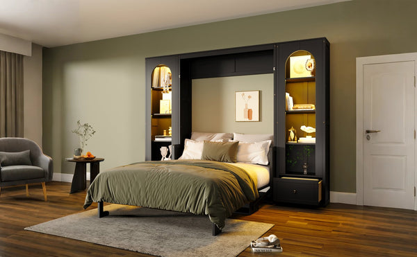 English Elm Queen Murphy Platform Bed with Foldaway Cabinet, Built-In LED, Side Cabinets & Drawers for Small Spaces Black N7090002226B