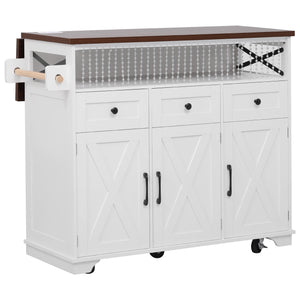English Elm K&K 46.5'' Farmhouse Kitchen Island Cart with Beaded Drapes, Drop Leaf, Power Hub, Ample Storage White N707P254872W