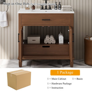 English Elm Christopher Knight Home® - 36" Rattan Bathroom Vanity with Ceramic Sink and Soft-Close Drawers, Handwoven Door Texture, Solid Wood Legs, Spacious Storage Elegance Brown N817P271077B