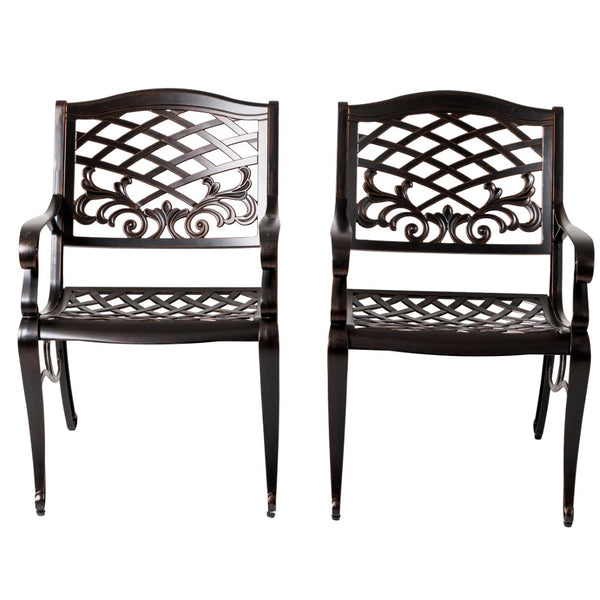 English Elm Phoenix Cast Aluminum Outdoor Dining Arm Chairs Ornate Lattice Scroll Garden Patio Set Copper N776P381164C