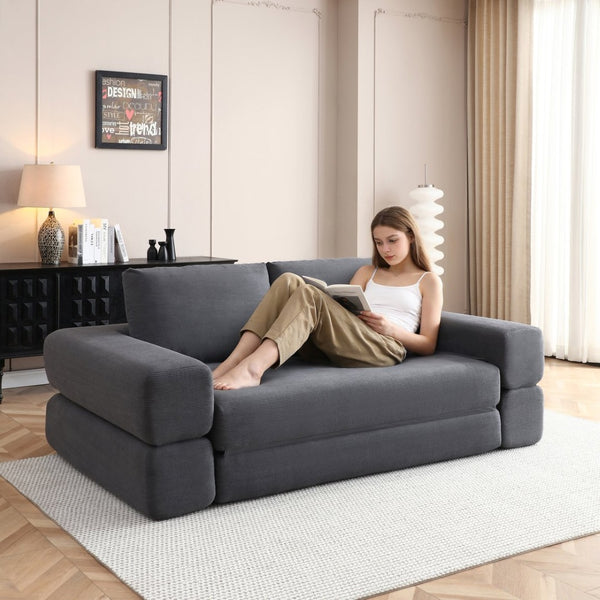 English Elm 81'' Corduroy Floor Sofa Convertible Loveseat Futon Sleeper with Foam Fill and Pillows Gray W1117P459707
