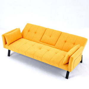 English Elm 70-inch Foldable Cotton Linen Sofa Bed with Cup Holder & Side Storage, Space-Saving 2-Seater Design Yellow W3371P337202