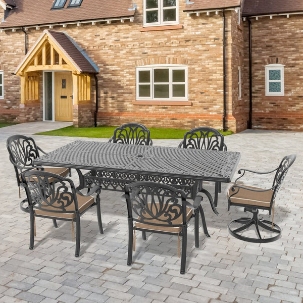 English Elm 7-piece Cast Aluminum Outdoor Dining Set with Carved Detailing and Swivel Chairs W1710S00608